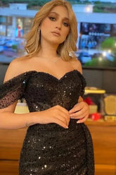 Classy Black Off-the-Shoulder Sequins Evening Dress Slit Long With Ruffle